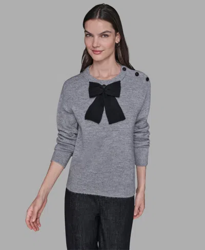 Karl Lagerfeld Women's Big Bow Applique Long Sleeve Sweater In Gray