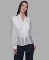 Karl Lagerfeld Women's Ruffle Button Woven Collar Neck Top In White