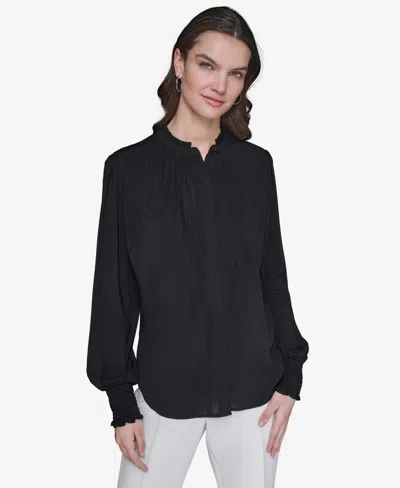 Karl Lagerfeld Women's Blouson-sleeve Button-front Blouse In Black