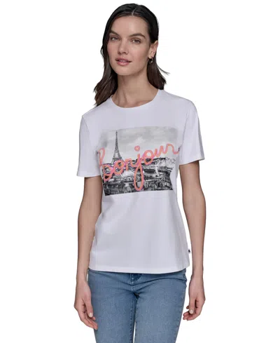 Karl Lagerfeld Petite Bonjour Graphic Paris T-shirt In White