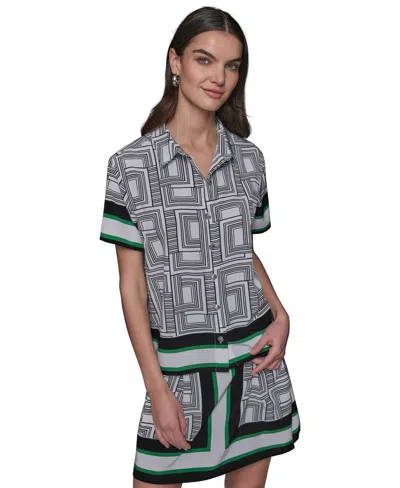 Karl Lagerfeld Women's Border Printed Short Sleeve Button-front Top In Soft White Combo