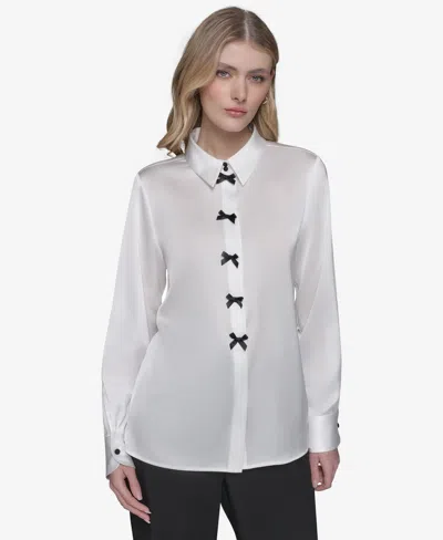 Karl Lagerfeld Women's Bow-detail Collared Button-down Blouse In Soft White
