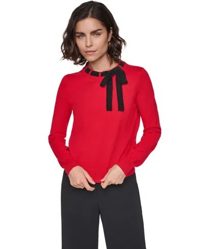 Karl Lagerfeld Women's Bow Front Crewneck Fitted Sweater In Red