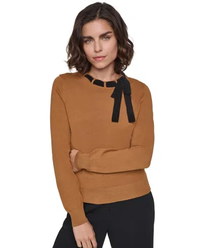 Karl Lagerfeld Women's Bow Front Crewneck Fitted Sweater In Black