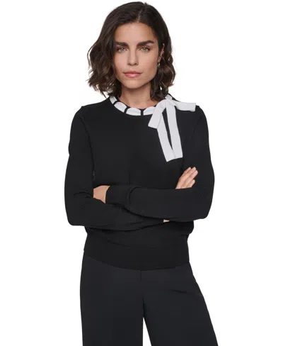 Karl Lagerfeld Women's Bow Front Crewneck Fitted Sweater In Black