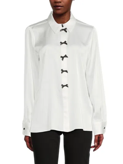 Karl Lagerfeld Women's Bow-front Long-sleeve Blouse In Soft White