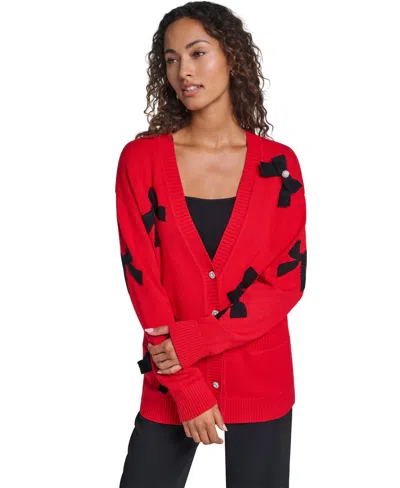 Karl Lagerfeld Women's Bow Long-sleeve V-neck Cardigan In Red