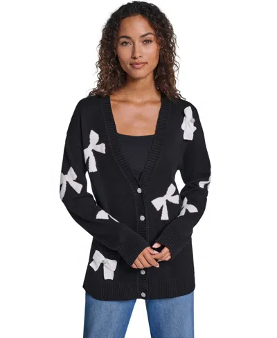 Karl Lagerfeld Women's Bow Long-sleeve V-neck Cardigan In Black