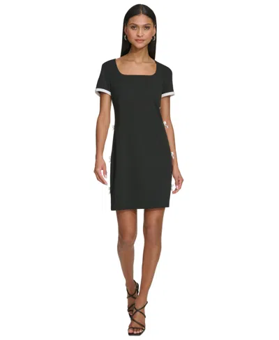 Karl Lagerfeld Women's Bow Trim Scuba Crepe Sheath Dress In Black Soft White