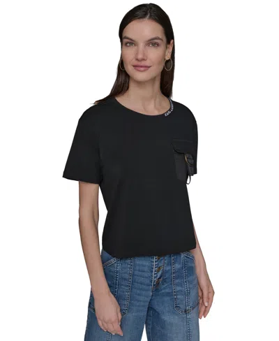 Karl Lagerfeld Women's Buckle-pocket Knit Top In Black