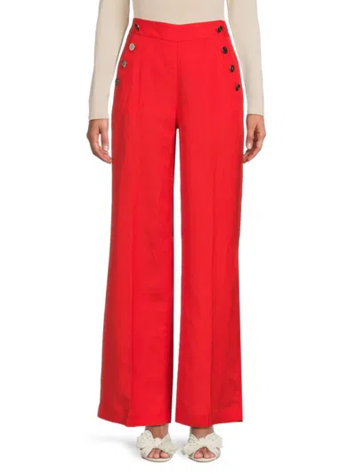 Karl Lagerfeld Women's Button Detail Linen Blend Pants In Apple