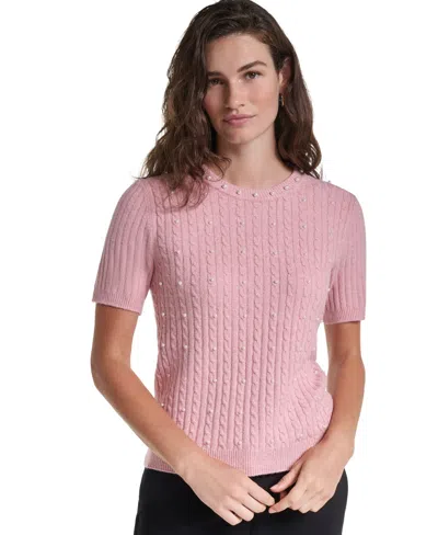 Karl Lagerfeld Women's Cable-knit Crewneck Short-sleeve Sweater In Pink