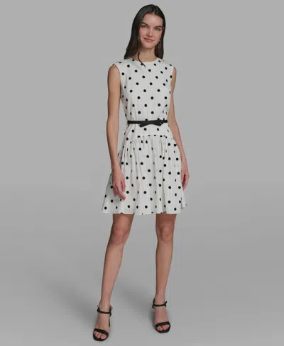 Karl Lagerfeld Polka Dot Seersucker Belted A Line Dress In White