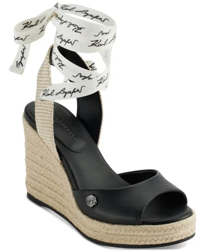 Karl Lagerfeld Women's Cecelia Ankle-tie Espadrille Platform Wedge Sandals In Black