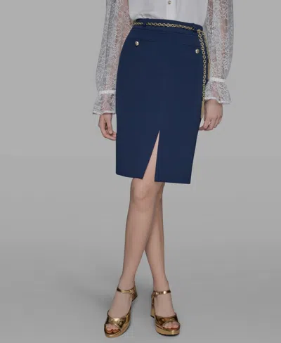 Karl Lagerfeld Women's Chain-belt Front-slit Pencil Skirt In Blue