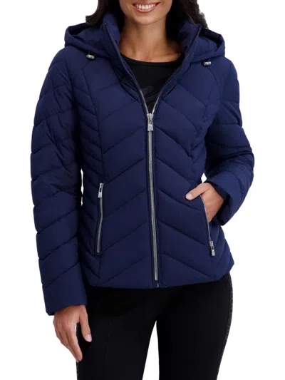 Karl Lagerfeld Women's Chevron Quilted Hooded Puffer In Blue