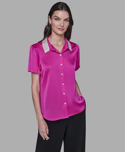 Karl Lagerfeld Women's Collar Embellished Short Sleeve Top In Pink