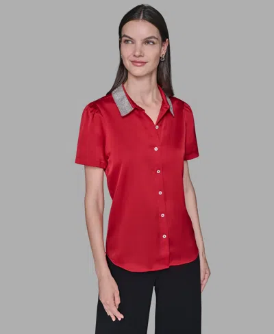 Karl Lagerfeld Women's Collar Embellished Short Sleeve Top In Red
