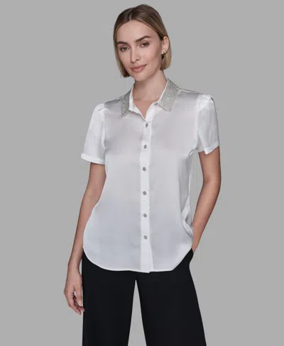 Karl Lagerfeld Women's Collar Embellished Short Sleeve Top In White