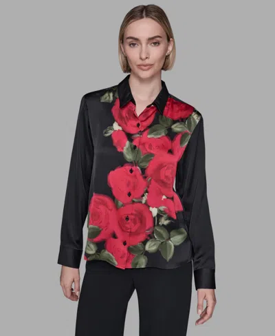Karl Lagerfeld Women's Collar Floral Print Top In Black