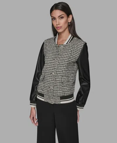 Karl Lagerfeld Women's Collar Neck Mixed Media Jacket In Black