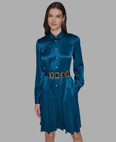 Karl Lagerfeld Women's Collared Belted Shirt Dress In Blue