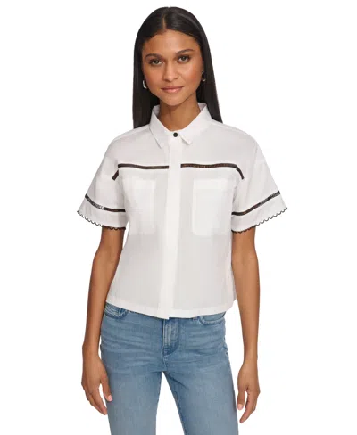 Karl Lagerfeld Women's Collared Cotton Logo Lace Shirt In White  Black