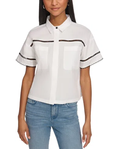 Karl Lagerfeld Women's Collared Cotton Logo Lace Shirt In White,black