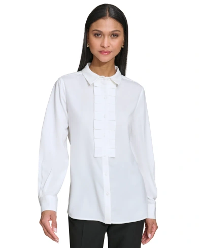 Karl Lagerfeld Women's Collared Pleat-front Long-sleeve Top In Soft White