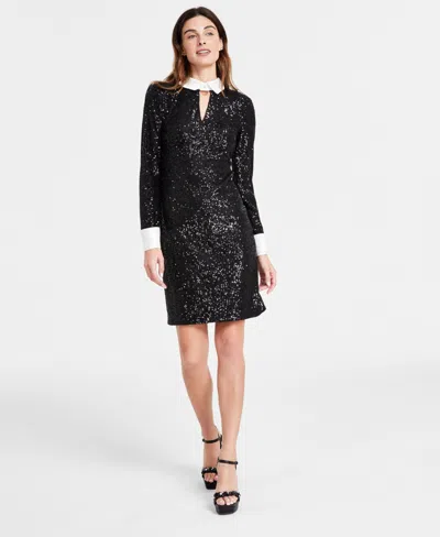 Karl Lagerfeld Women's Collared Sequin French Cuff Dress In Blk,sft Wt