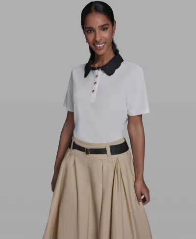 Karl Lagerfeld Women's Collared Short-sleeve Blouse Top In White