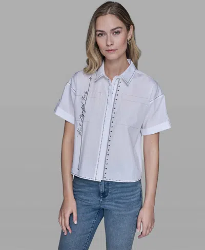 Karl Lagerfeld Women's Collared Short-sleeve Blouse In Blue
