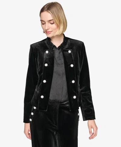 Karl Lagerfeld Womens Collarless Open Front Jacket Straight Velvet Pants Embroidered Velvet Short Sleeve Top In Black