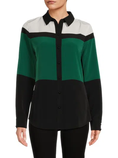 Karl Lagerfeld Women's Colorblock Button Up Blouse In Soft White Green