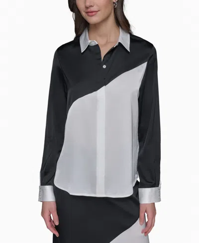 Karl Lagerfeld Women's Colorblocked Button-front Top In Black  Soft White