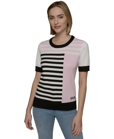 Karl Lagerfeld Women's Colorblocked Geometric Short-sleeve Sweater In Soft White,black,parfait Pink