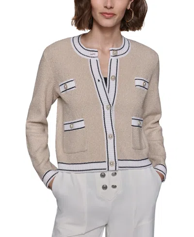 Karl Lagerfeld Women's Contrast-border Knit Cardigan In Soft White Pavement