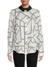 Karl Lagerfeld Women's Contrast Collar Graphic Print Blouse In Soft White Multi