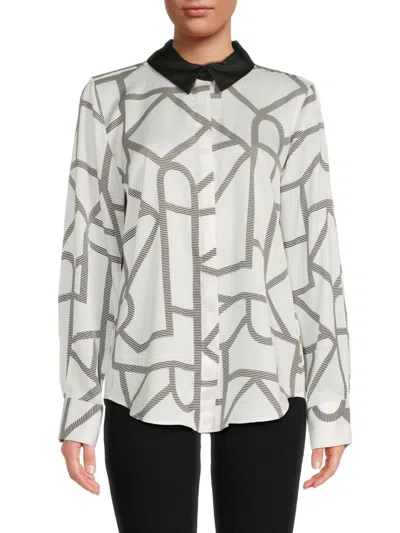Karl Lagerfeld Women's Contrast Collar Graphic Print Blouse In Soft White Multi