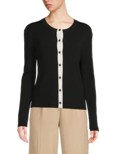 Karl Lagerfeld Women's Contrast Placket Ribbed Cardigan In Black