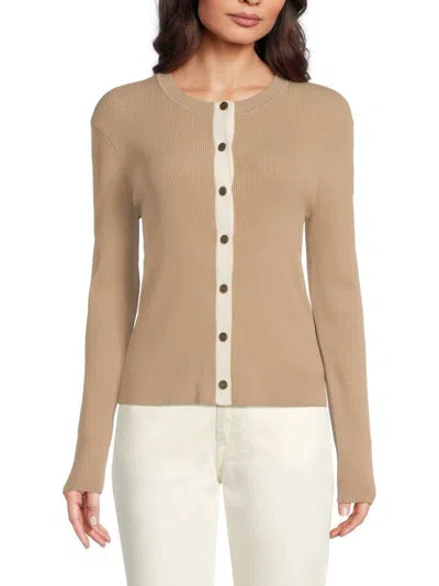 Karl Lagerfeld Women's Contrast Placket Ribbed Cardigan In Brown
