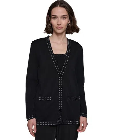 Karl Lagerfeld Women's Contrast-stitch Button-up Cardigan In Bk,sf Wht2