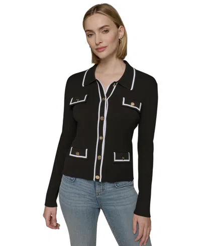 Karl Lagerfeld Women's Contrast-trim Four-pocket Cardigan In Black
