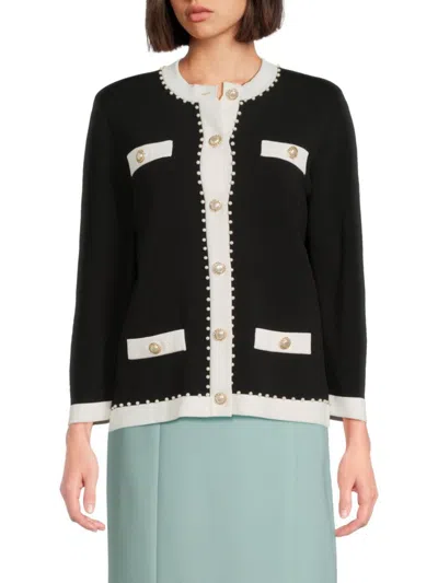 Karl Lagerfeld Women's Contrast Trim Pearl-button Knit Cardigan In Multi