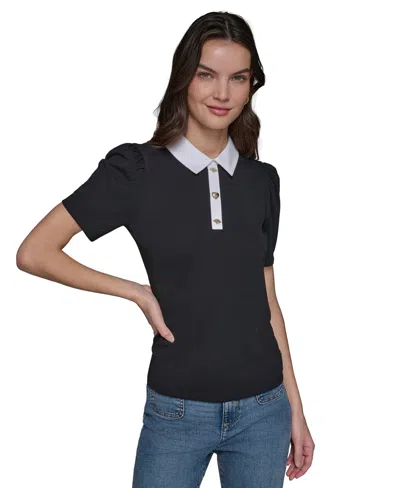 Karl Lagerfeld Women's Contrast-trim Polo Top In Black  White