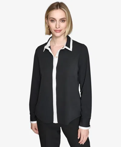 Karl Lagerfeld Women's Contrast-trim Shirt In Blk,sft Wt