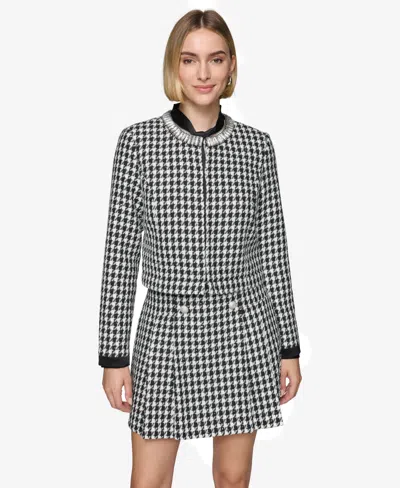 Karl Lagerfeld Women's Convertible Rhinestone-collar Houndstooth Jacket In Black,soft White