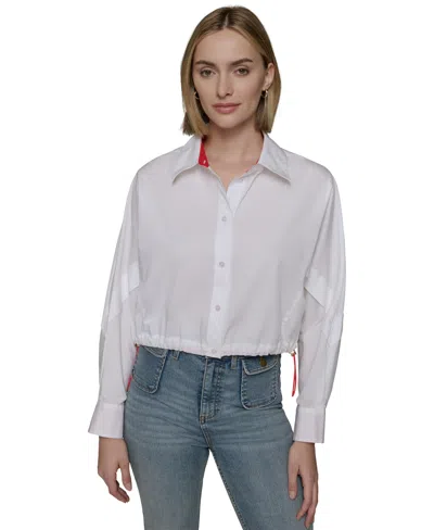 Karl Lagerfeld Women's Cotton Contrast-collar Drawcord Button-front Top In White