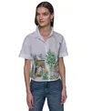 Karl Lagerfeld Women's Cotton Crop Paris Scene Button-front Top In Soft White Chambray Blue Multi