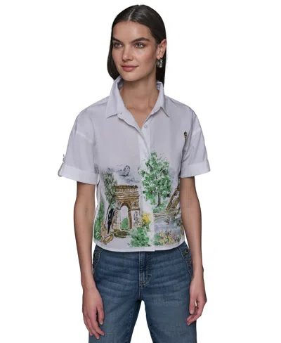 Karl Lagerfeld Women's Cotton Crop Paris Scene Button-front Top In Soft White Chambray Blue Multi